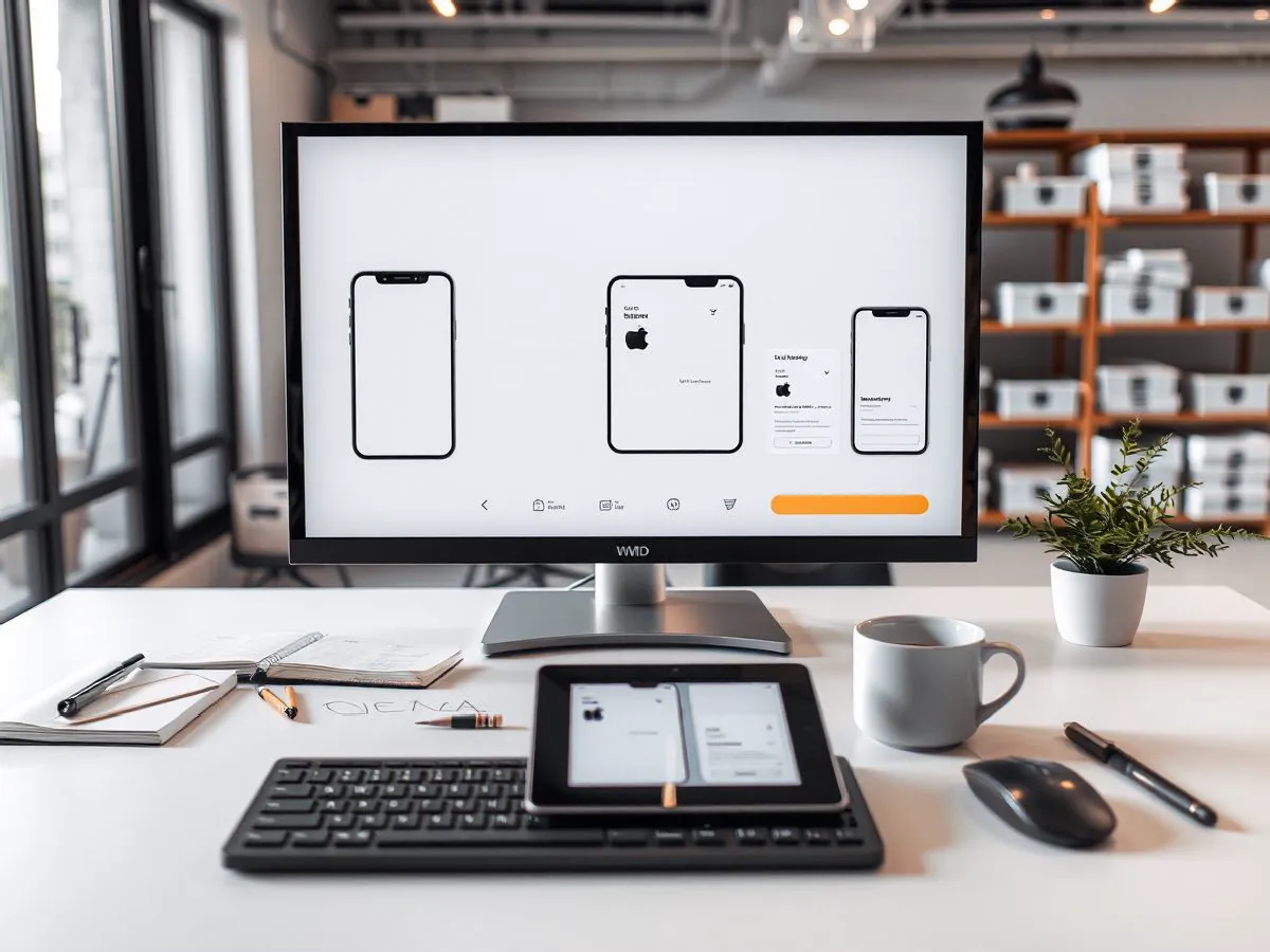 UI/UX设计工作台，显示器展示移动端界面设计稿